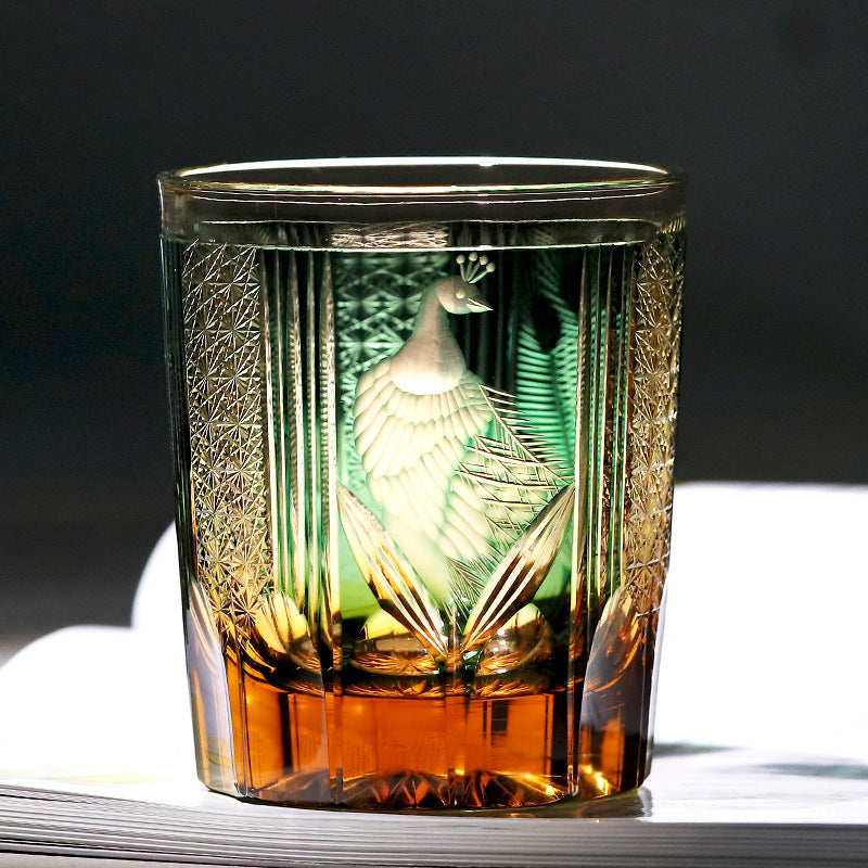 Handmade Carved Peacock Crystal Glass Whiskey Shot Glass