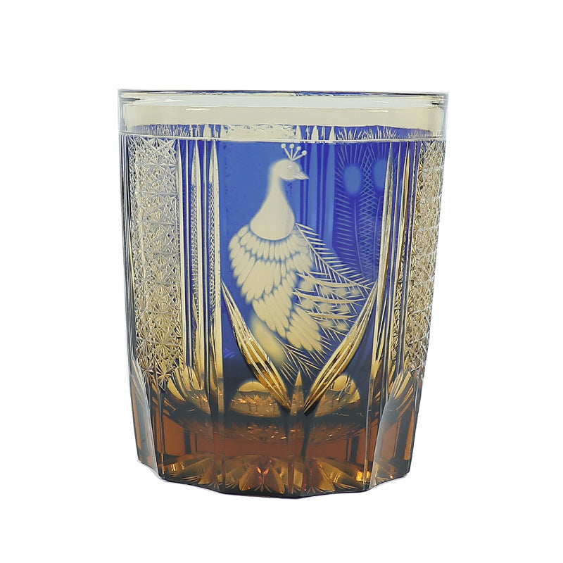 Handmade Carved Peacock Crystal Glass Whiskey Shot Glass