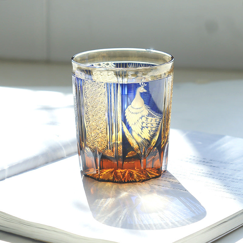 Handmade Carved Peacock Crystal Glass Whiskey Shot Glass
